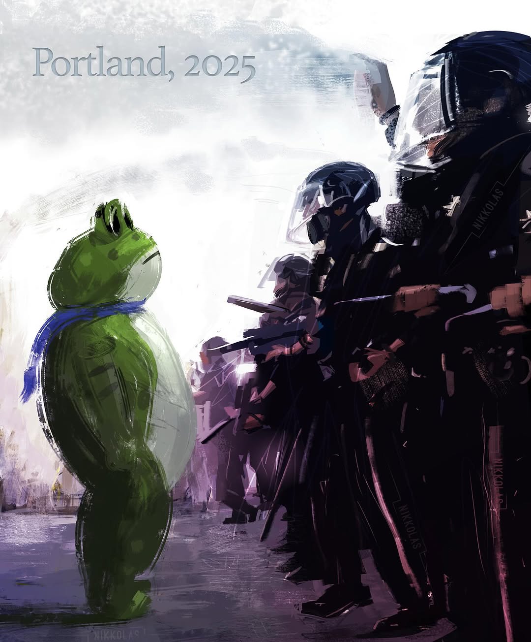 Frog protester standing in tear gas facing riot police - Portland 2025